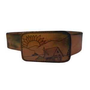 Leegin Vintage Painted Leather Belt 1975 Pastoral Scene Size 32